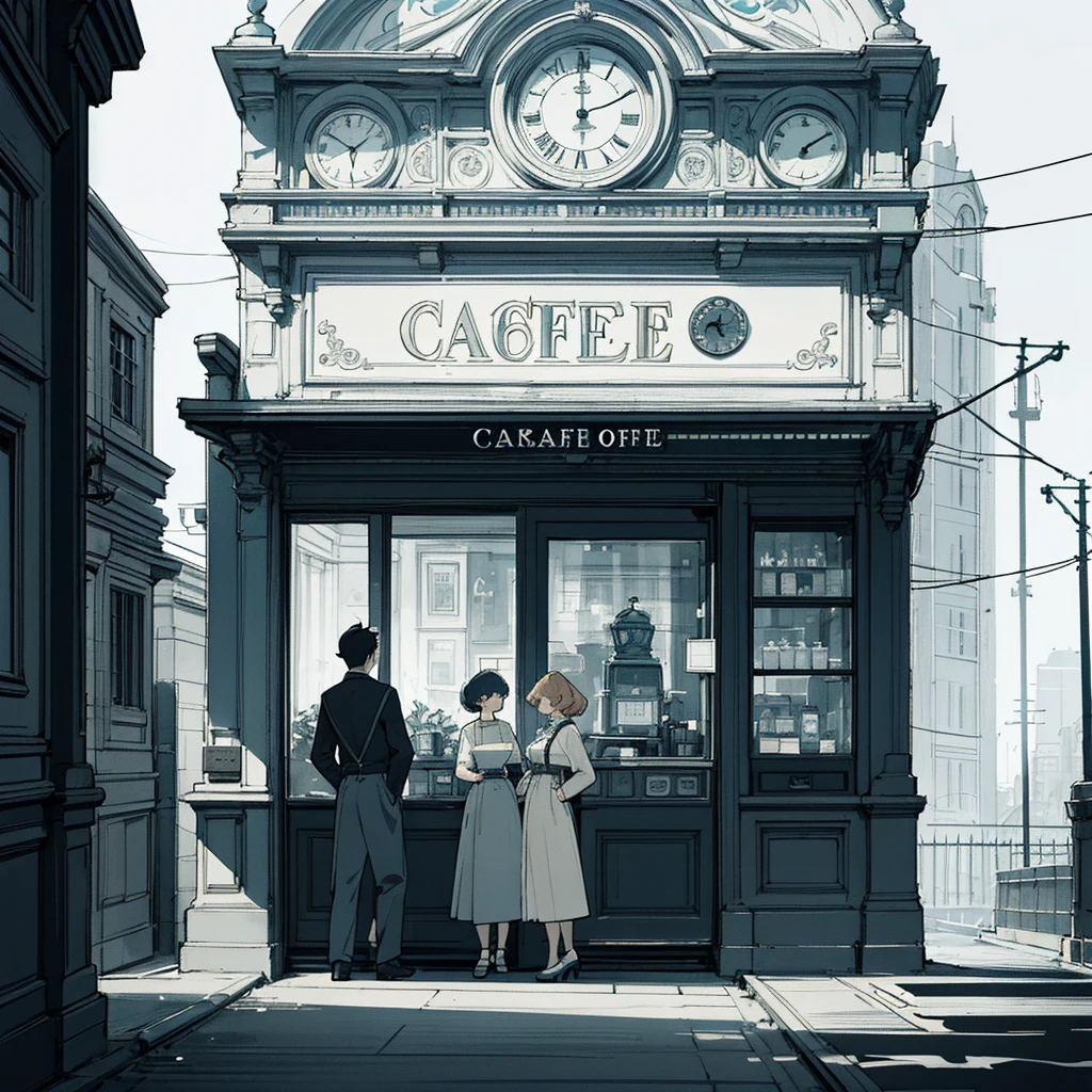 Anime-style illustration of a stylish couple outside a vintage café. Café exterior in muted blue tones with ornate clock design on the window. Warm lighting, urban setting, 1950s retro aesthetic with modern touches. Diverse fashion choices, gender-neutral styling. High-quality digital art, detailed, cinematic lighting.