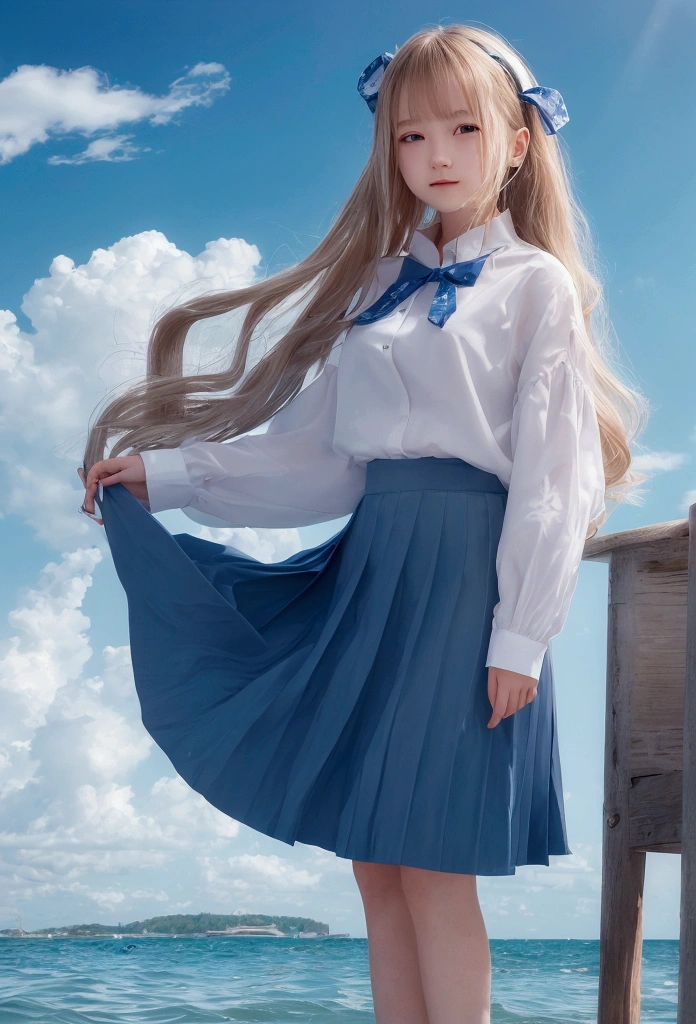 ocean, horizon, water, 1girl, cloud, day, sky, long_hair, skirt, blue_sky, outdoors, seagull, lake, shirt, boat, beach, white_shirt, blue_eyes, bird, solo, pleated_skirt, watercraft, bow, waves, blue_bow, blue_skirt, blonde_hair, cloudy_sky, pier, looking_at_viewer, wading, shore, floating_hair, ribbon, smile, long_sleeves, standing, pool, blue_ribbon