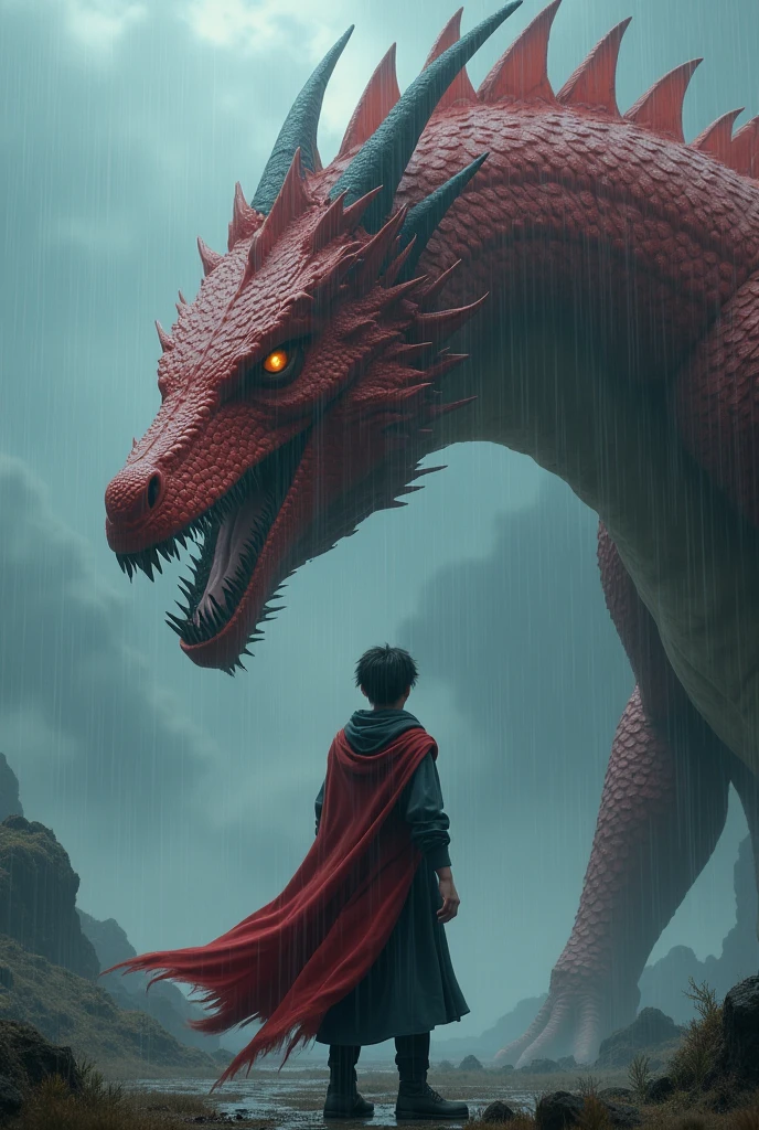 ai boy standing (boy should be somewhere around 17 year old )with a red Agressive dragon in a super cloudy wheather while raining super realistic