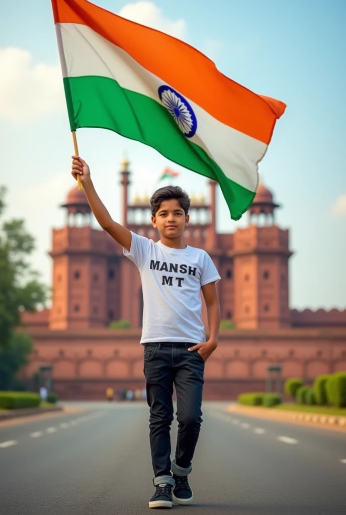 A real 15 years old boy, Wearing white T shirt black jeans sneakers and the name “ MANISH MT ” is written on his t-shirt and the boy is standing on the road with holding a national flag of India, and behind him is the Red Fort Delhi. And written on sky “Independence Day” Create Realistic image high quality