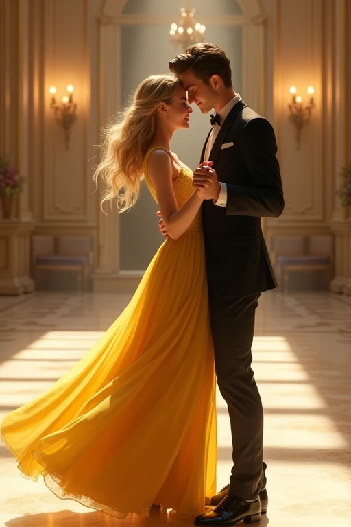 Background of a large elegant ballroom for dancing with neutral colors and warm lights. Girl in a yellow dress down to her feet, blonde, green eyed, red lips and dancing with a dark-haired boy, well-built, grey eyes, a black and elegant suit; they dance inches apart, with smiles on their lips.