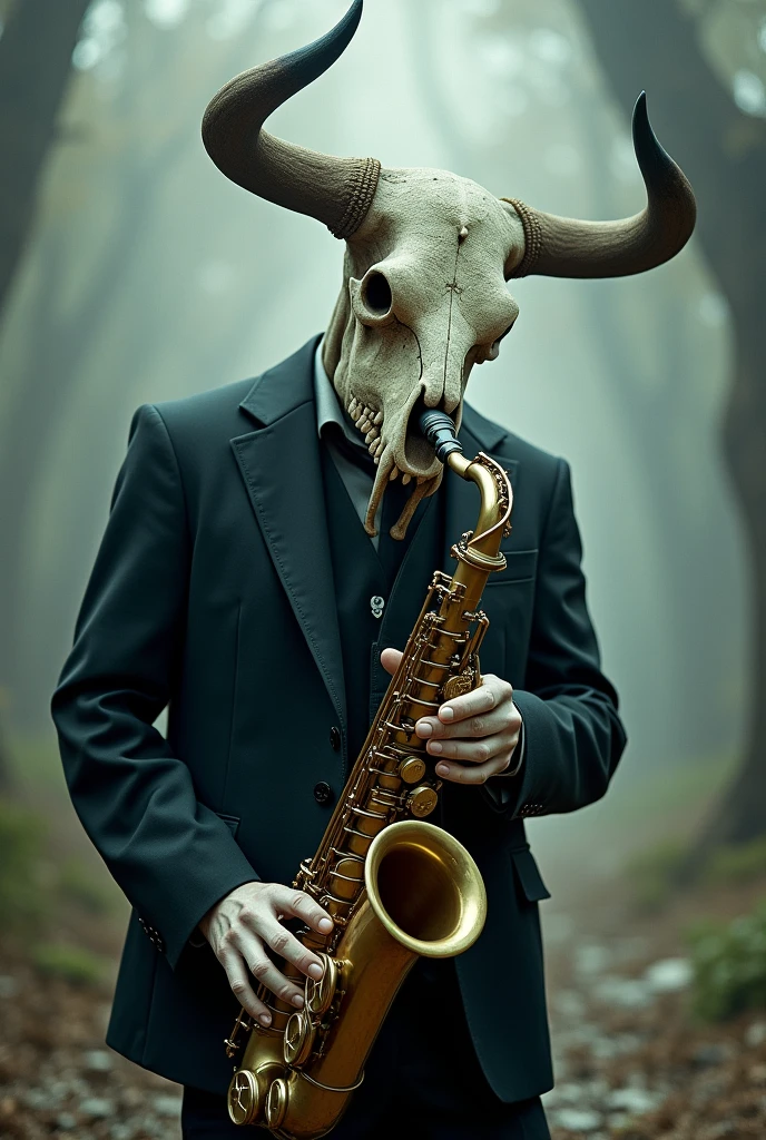 Generate a person with a bull skull head and a suit playing the saxophone