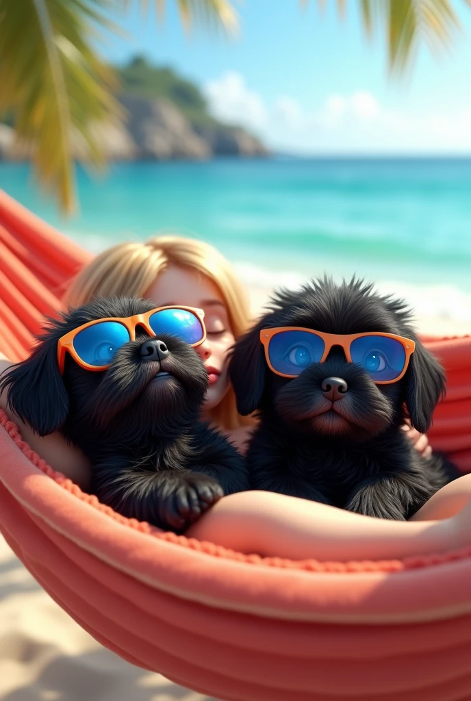 cute adorable 2 black shih tzu puppies with big blue eyes wearing sunglasses, sleeping in hammock, cute blonde girl, extremely detailed, big blue eyes, wearing colorful sun glasses, slerping in hammock, 3D Pixar style, at beach, photorealistic, (best quality,8k,highres,masterpiece:1.2),ultra-detailed,(realistic:1.37),HDR,vivid colors,studio lighting
