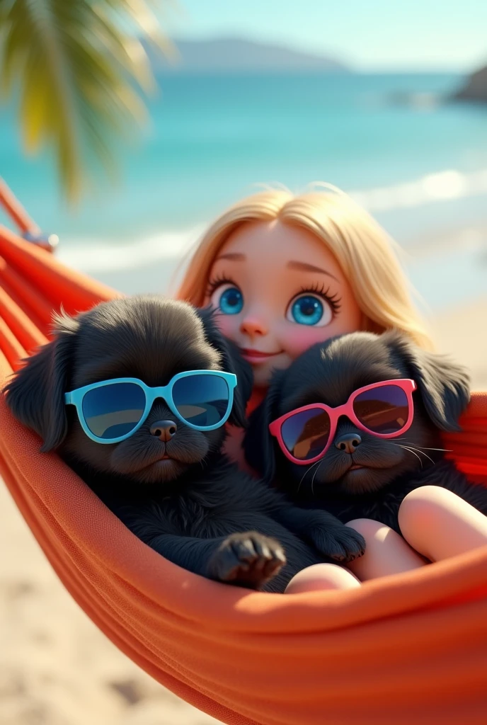 cute adorable 2 black shih tzu puppies with big blue eyes wearing sunglasses, sleeping in hammock, cute blonde girl, extremely detailed, big blue eyes, wearing colorful sun glasses, slerping in hammock, 3D Pixar style, at beach, photorealistic, (best quality,8k,highres,masterpiece:1.2),ultra-detailed,(realistic:1.37),HDR,vivid colors,studio lighting