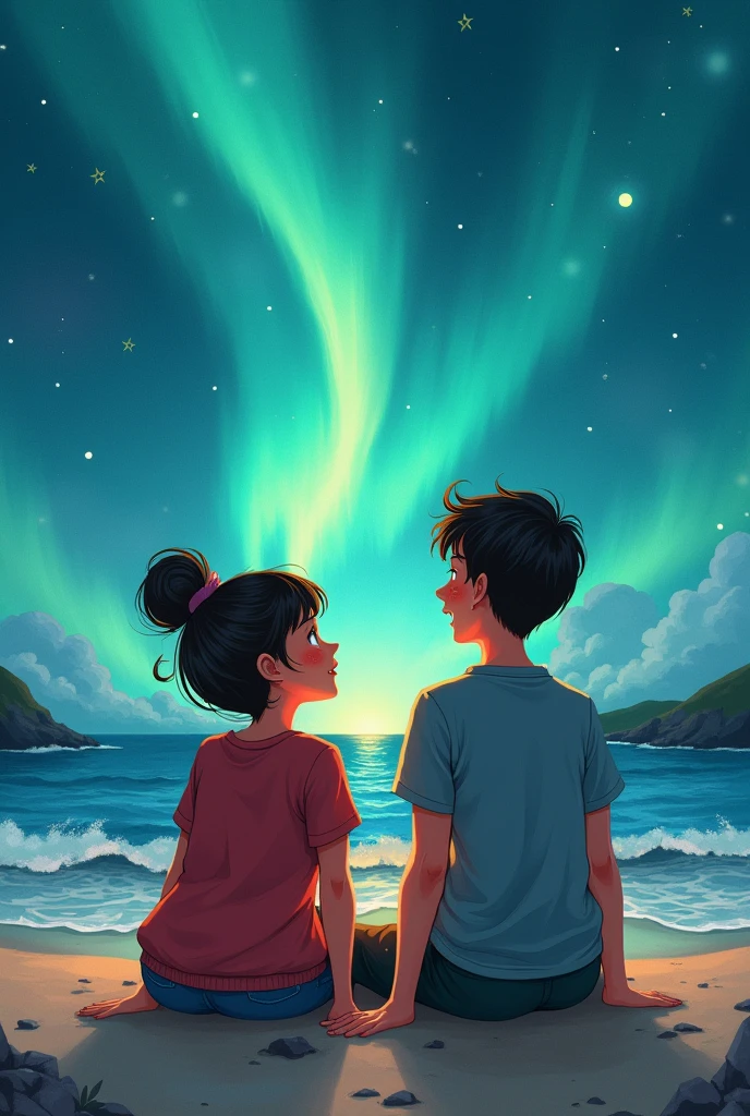 Image of a chubby girl and a skinny boy with specks in the beach side and both of them. Looking at the northern light 
Both of them are very happy they look. Age of around the girl 20 and the boy should look 25 