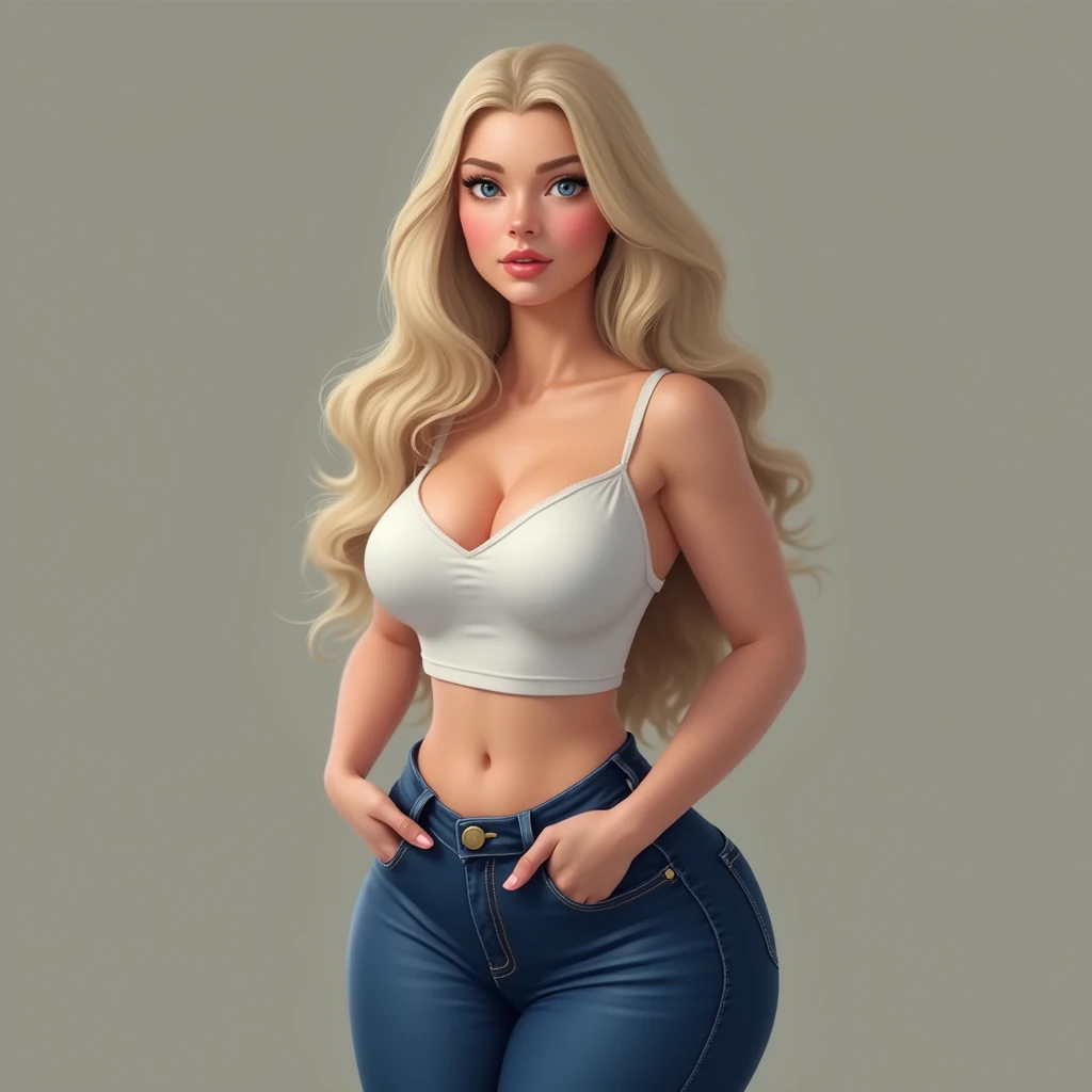 Femme, femme mature, blonde, cheveux longs et raides, yeux bleus, peau blanche, gros seins, seins énormes, gros cul, portant un haut court blanc, un jean