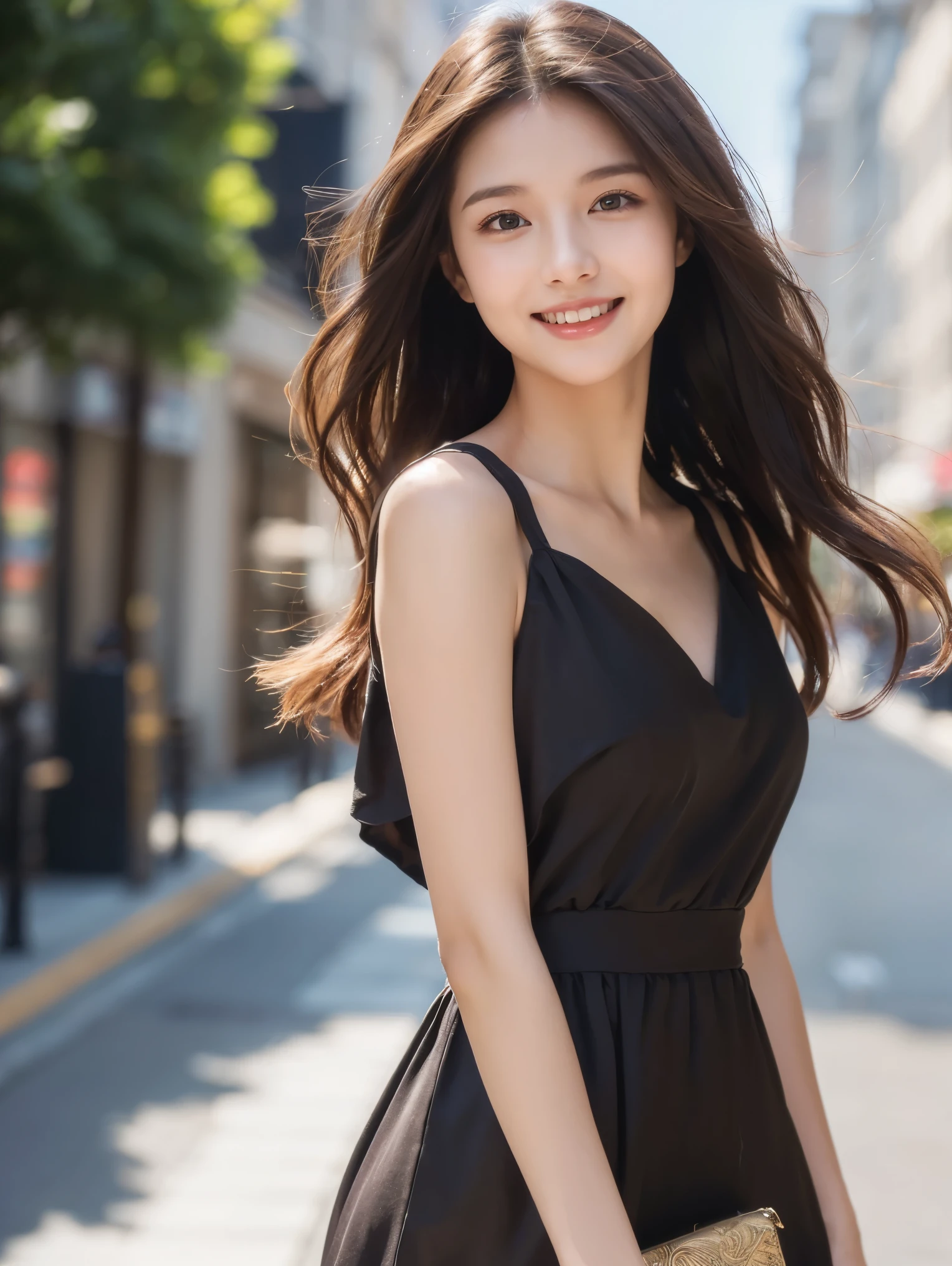 ((best quality, 8k, masterpiece :1.3)), 1 girl, smiling, whole body, face slimming, pretty Woman, (Dark brown hair), full length short dress :1.1, Super detailed faces, delicate eyes, double eyelids, long wavy hair, blurred background, face slimming, City, external, street, Random body orientation,