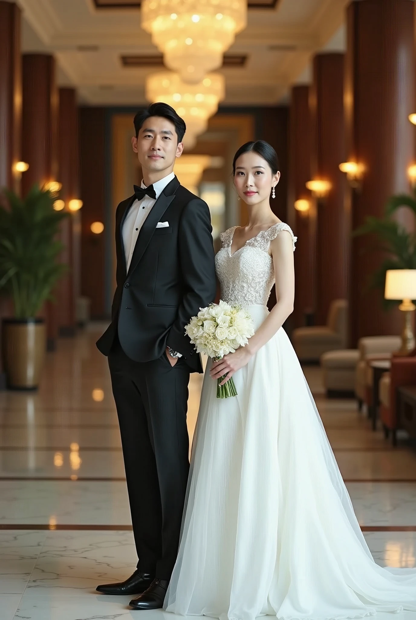 A modern photo of a Korean man standing next to a Korean woman, both facing forward and looking at the camera.、Men in tuxedos、She is in a wedding dress、The background is a luxurious hotel lobby