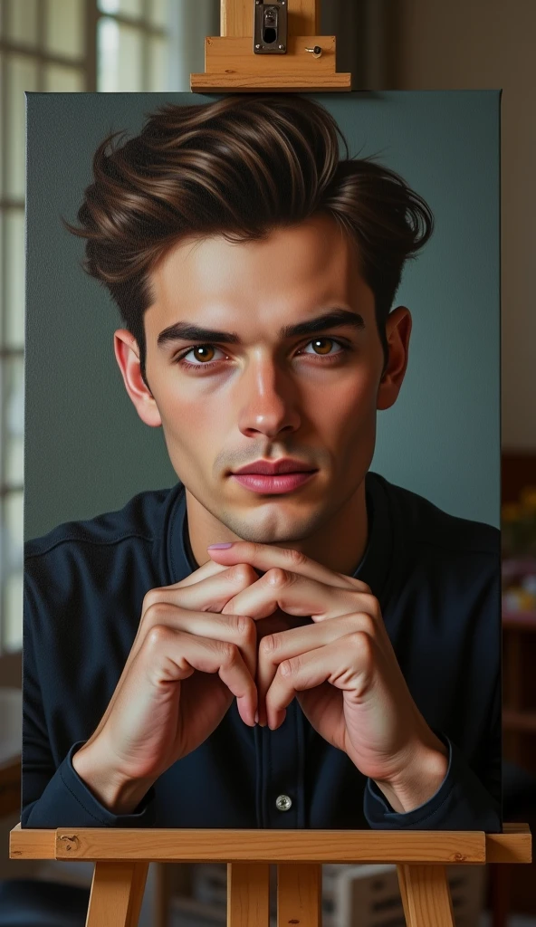 photorealistic, best quality, masterpiece, extremely detailed, extremely handsome, 25 year old man, oil painting on a canvas, on easel, cute smile, looking at camera, extremely romantic atmosphere, perfect face, perfect fingers, perfect hands, perfection