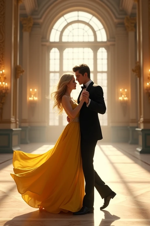 Background of a large elegant ballroom for dancing with neutral colors and warm lights. Girl in a yellow dress down to her feet, blonde, green eyed, red lips and dancing with a dark-haired boy, well-built, grey eyes, a black and elegant suit; they dance inches apart, with smiles on their lips.