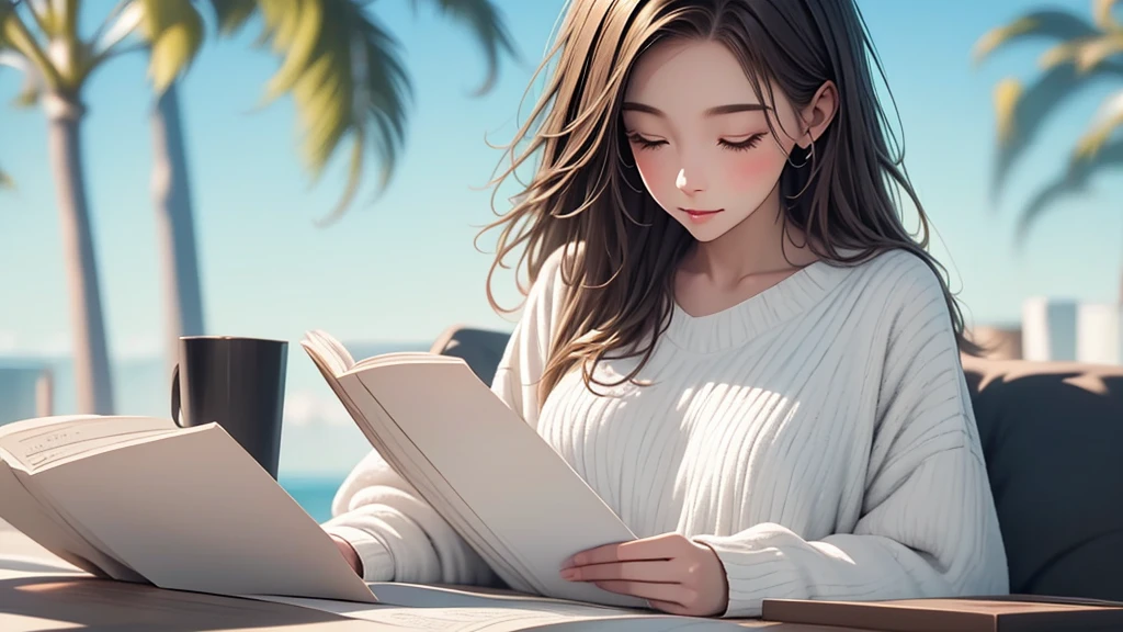 Light Color Palettes,medium front shot, digital art painting . dreaming fresh art style,a single alone female office lady, charming relaxing . reading book look at camera freshly green trees leaves swaying morning sunlight hyper ligting insane details background blurry focus on character