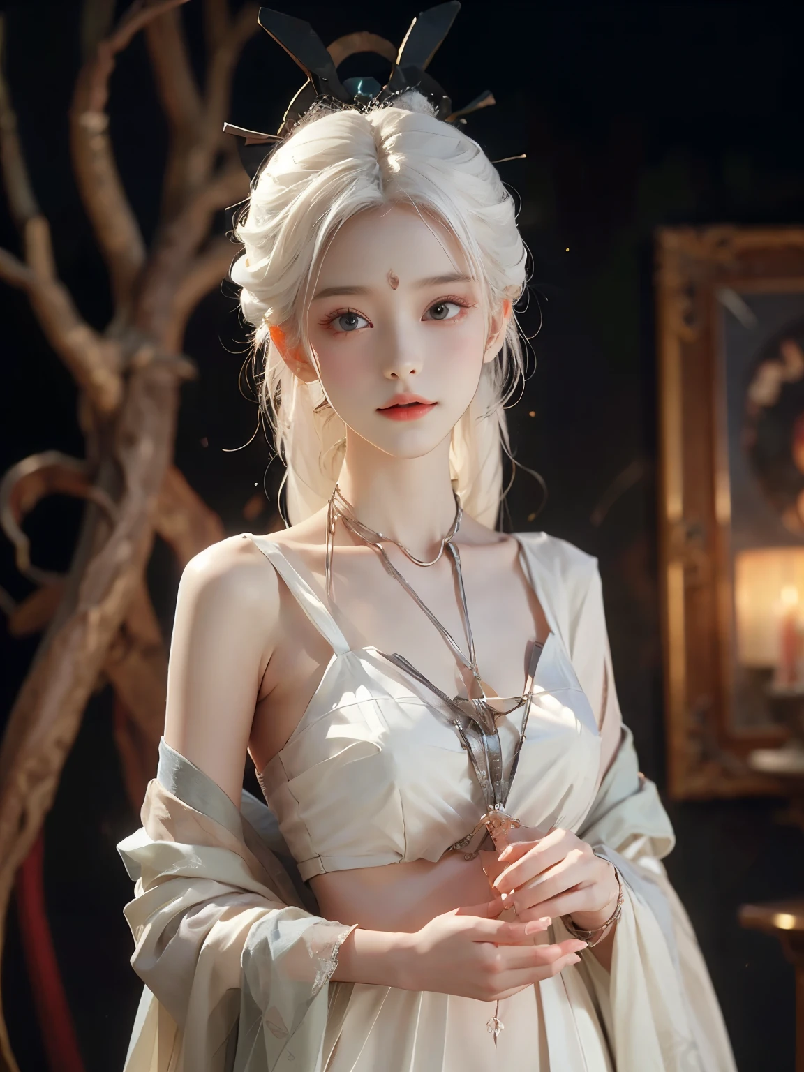 (close up:1.2), cleavage, masterpiece, best quality, nearly perfect, (is a perfect face:1.1), (high detail:1.1), Drama, (1 person), Pale complexion, (long pure white hair:1.4), white eyes, Otto Sepalainen, alone, long white hair, white luxury suit, cover navel, snob, Albinism, Luminous Studio graphics engine, pout, Demonic Magician, Volumetric lighting, delicate eyes, (8k wallpaper masterpiece), Super detailed, intricate details, Absolutely pixel perfect, rosette, Fashion, Side, looking at the audience, Balenciaga style,Shoulders exposed skin,