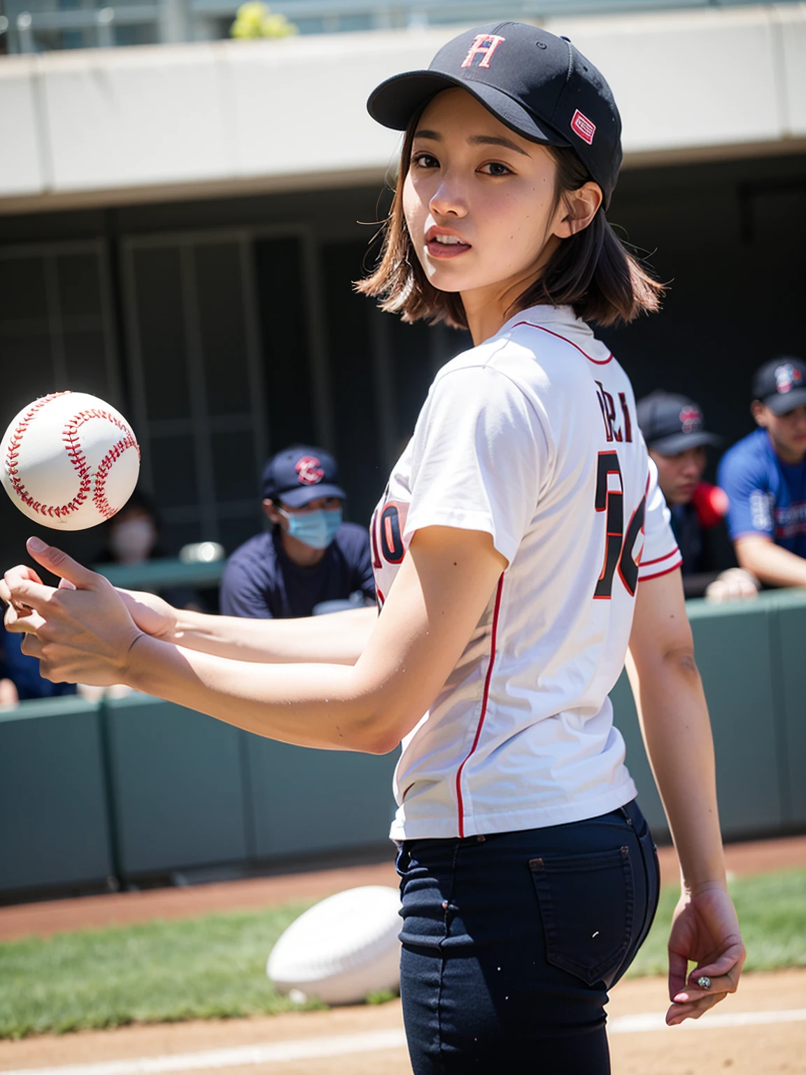 Top quality, 1 beautiful woman, super short Hair, wearing baseball wear, shy-smile, Sunlight, baseball player