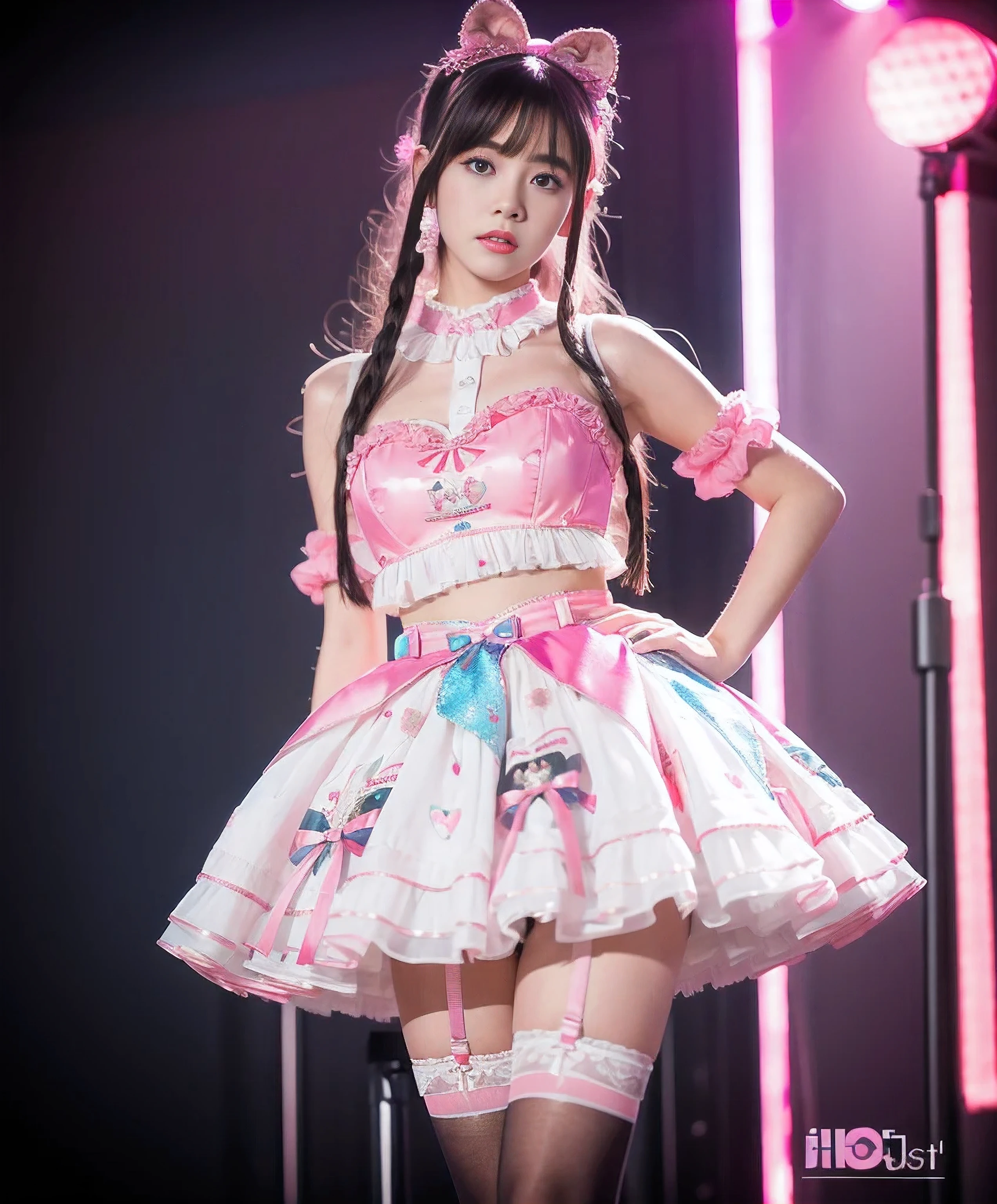 An unparalleled masterpiece, Ultra-Real 8K , Perfect artwork、British Cultural Fashion、Garter Stockings、Sexy and colorful、shocking pink、((mini skirt))、Frills、Glitter Fashion for Women、Detailed face、Perfect Face、Perfect Eyes、High definition
