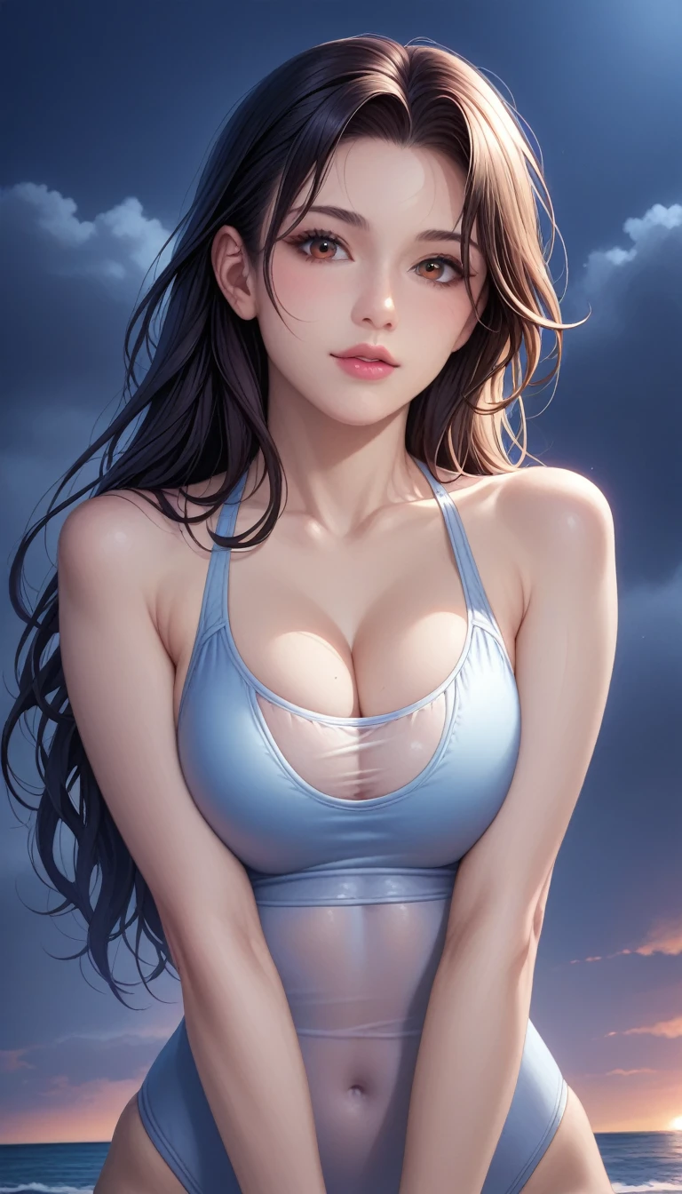 score_9, score_8_superior, score_7_superior, High-resolution CG illustration,A masterpiece in 32K resolution,Highest quality,it is really amazing,Very detailed,Ultra-high resolution,Ultra-realistic,Realistic,Increased depth of field,Cinematic lighting,
Sexy mature Japan woman,
Straight long hair with black hair,Ultra-detailed and beautiful face,Calm and gentle look,Beautiful brown eyes,Translucent white skin,Realistic skin texture,Great proportions,
Sexy high leg swimsuit,
Artistic design,Chic color scheme,Detailed fabric texture,
Dark overcast sky on a dull night,Dark clouds filling the sky,Thundercloud,Coastline at night,Stormy seas,delay々A desolate sandy beach that continues,
Cleavage up,Cinematic Angle,