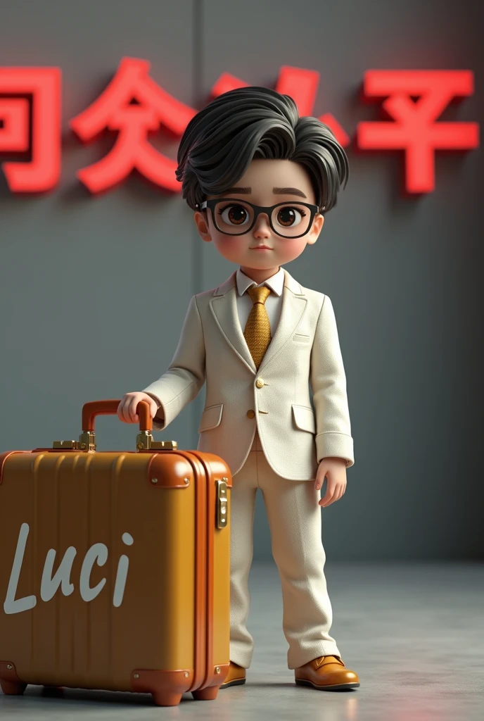 Create realistic 3rd image of young boy wearing mafia style and eye glasses and wearing suit gold and white combination on it.name on suitcase "Luci "3rd letter curve style on it be careful to the spelling of each letter on it.and the background of grey wall and red letter 3rd style name "Sumiyoshi-kai" be careful to the spelling of each letter on it