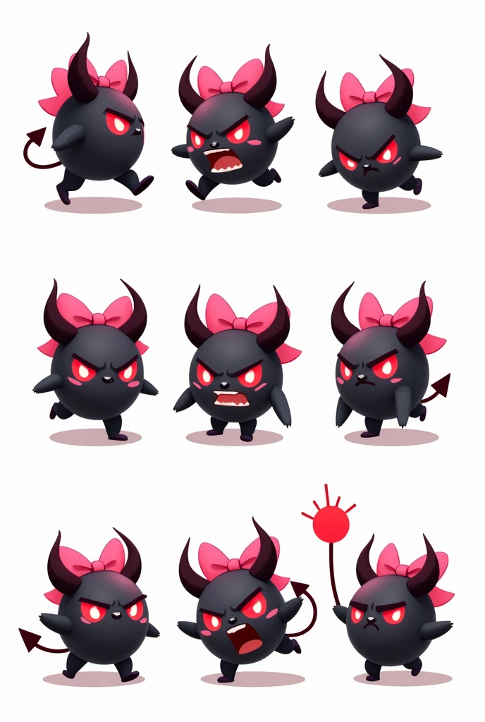 Create an animation sprite sheet for a 2D character animation with frames for detailed movements, ready for animation. , idle , Run left, right. Create a mascot that resembles a small demon, A ball with dark red horns and red eyes, Black and wearing a pink bow, The expression on his face shows anger. Like a Pokemon, white background