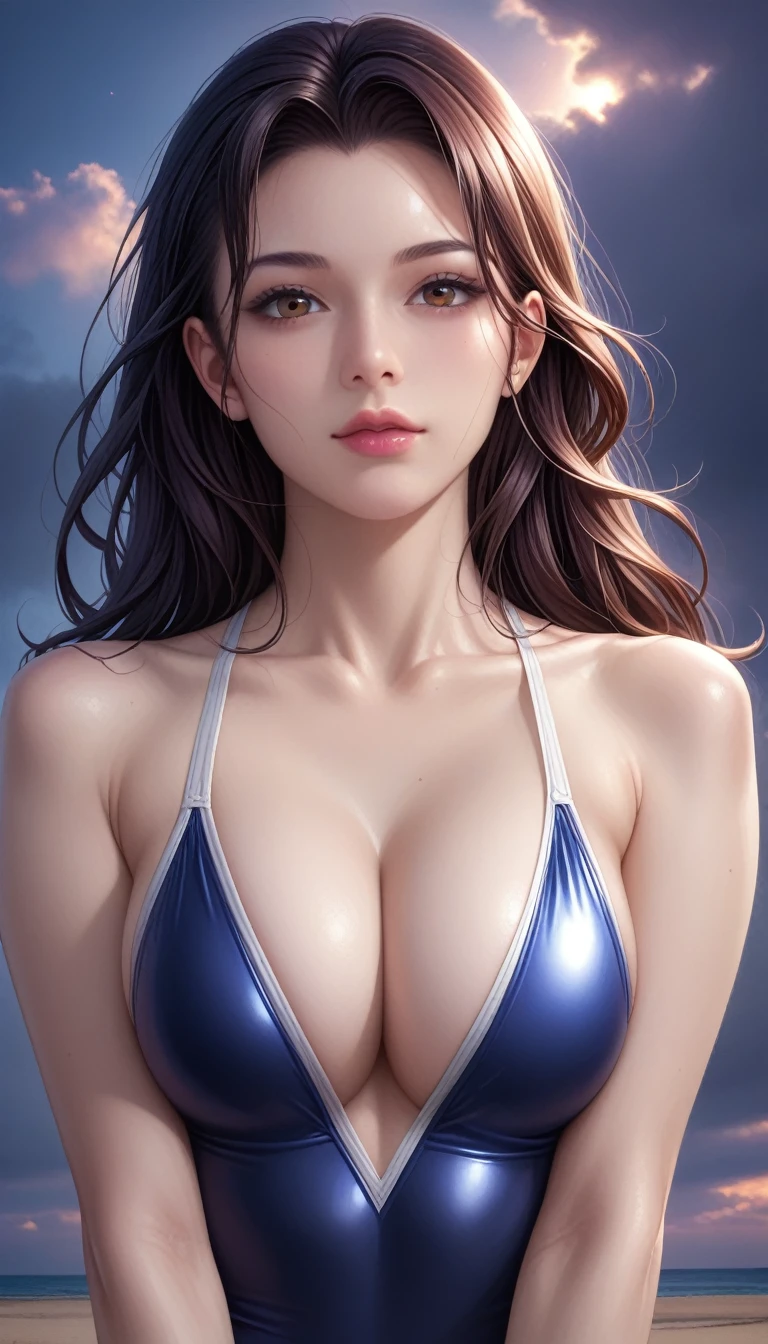 score_9, score_8_superior, score_7_superior, High-resolution CG illustration,A masterpiece in 32K resolution,Highest quality,it is really amazing,Very detailed,Ultra-high resolution,Ultra-realistic,Realistic,Increased depth of field,Cinematic lighting,
Sexy mature Japan woman,
Straight long hair with black hair,Ultra-detailed and beautiful face,Calm and gentle look,Beautiful brown eyes,Translucent white skin,Realistic skin texture,Great proportions,
Sexy high leg swimsuit,
Artistic design,Chic color scheme,Detailed fabric texture,
Dark overcast sky on a dull night,Dark clouds filling the sky,Thundercloud,Coastline at night,Stormy seas,delay々A desolate sandy beach that continues,
Cleavage up,Cinematic Angle,