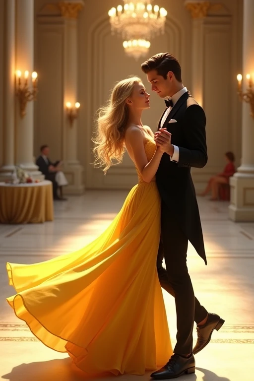 Background of a large elegant ballroom for dancing with neutral colors and warm lights. Girl in a yellow dress down to her feet, blonde, green eyed, red lips and dancing with a dark-haired boy, well-built, grey eyes, a black and elegant suit; they dance inches apart, with smiles on their lips.