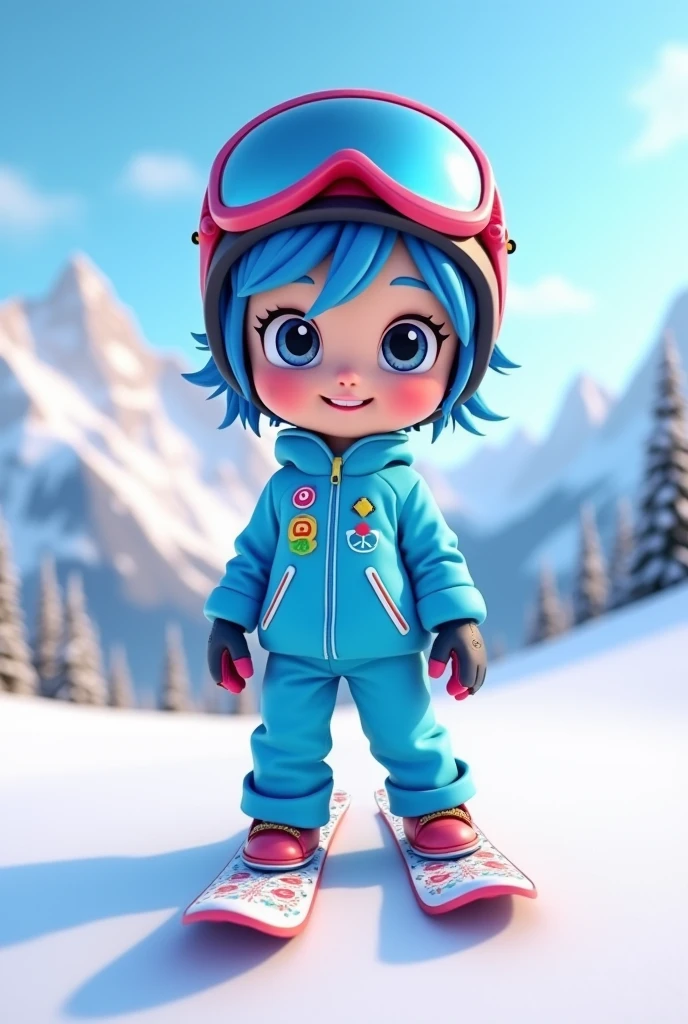 3D Render of a cute cartoon girl blue with snowboarder costume