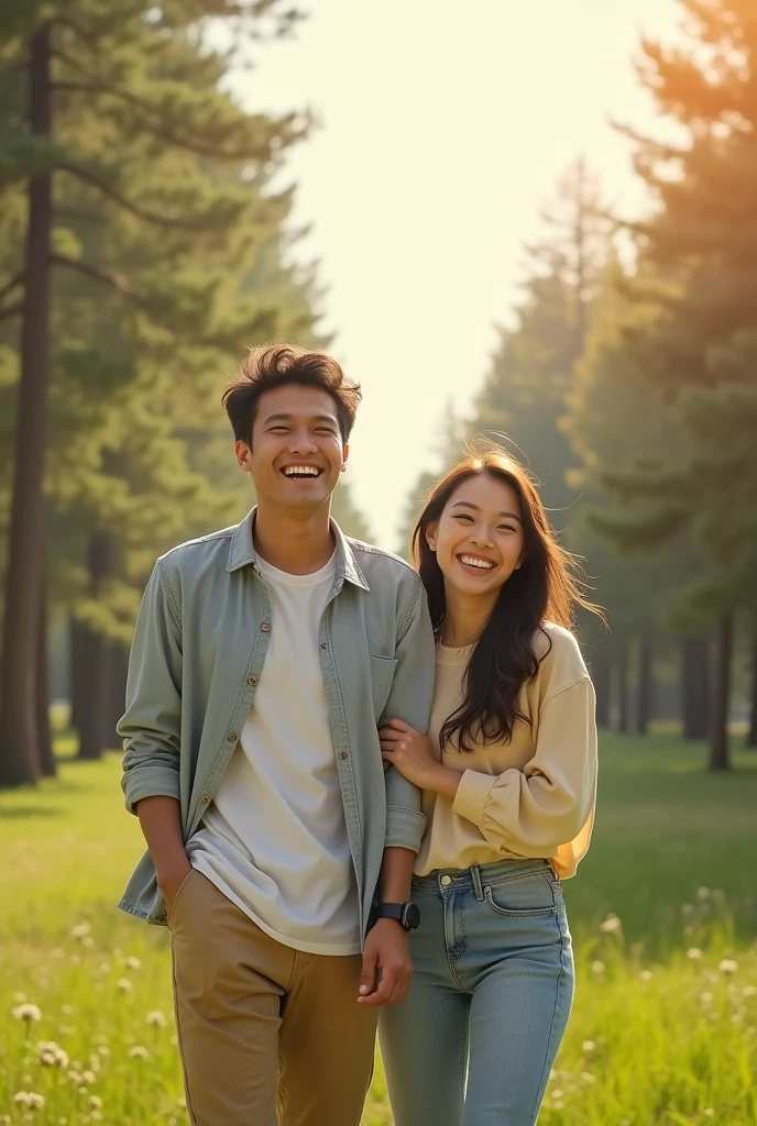 Asian couple in the park,Happy expression,Behind is a pine forest,sunny