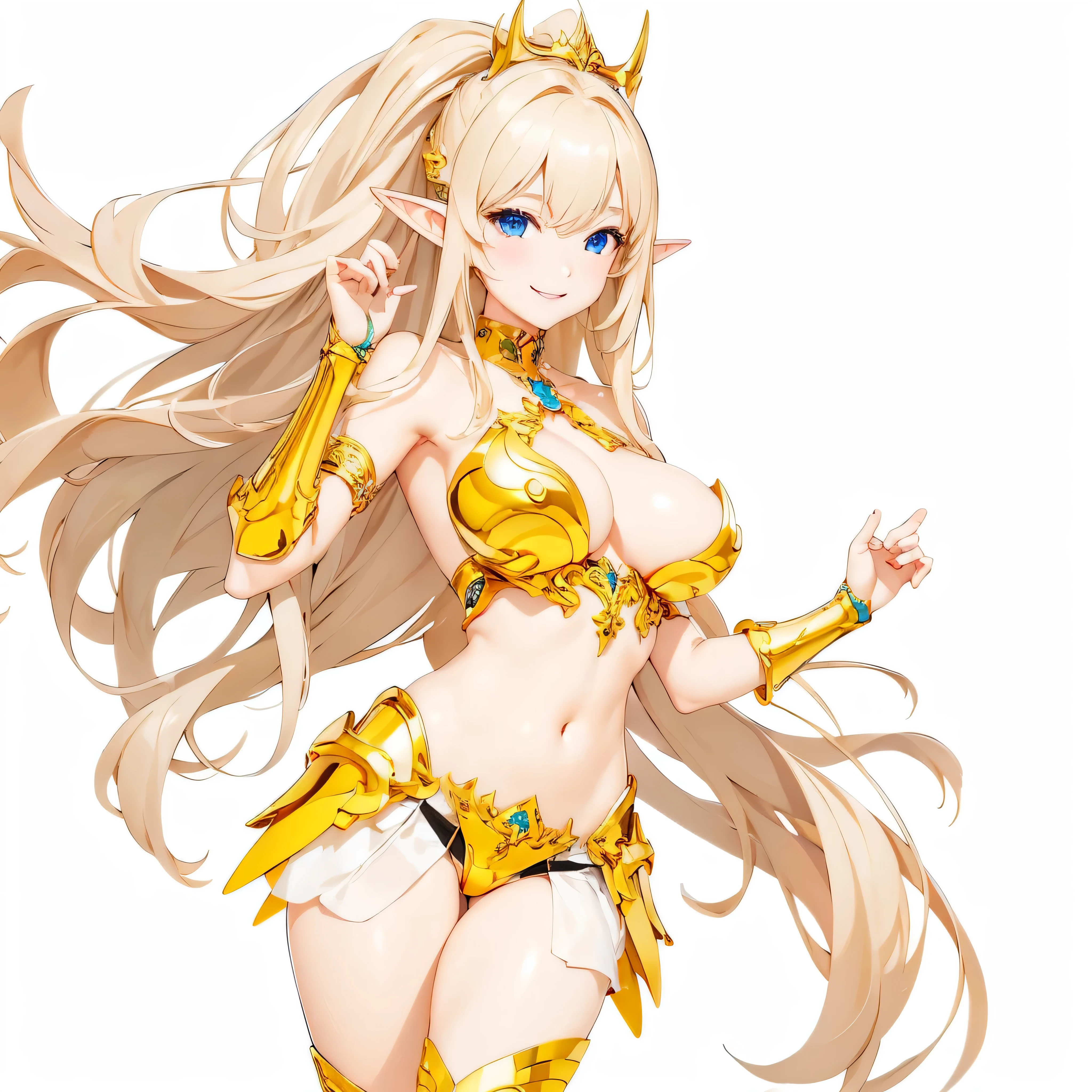 Highest quality、Very detailed、High resolution、１６ｋ、Thin contours、耳の長いElf、Nipples are visible、Shining golden armor、Gold bikini armor、Very large breasts、Very transparent white skirt、Wearing black pants、chest proportion、Smile of the Goddess、Very white skin、Beautiful fingers、Perfect Style、Elf、No bra、Blonde hair and blue eyes、Cool smile