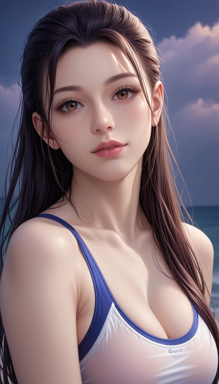 score_9, score_8_superior, score_7_superior, High-resolution CG illustration,A masterpiece in 32K resolution,Highest quality,it is really amazing,Very detailed,Ultra-high resolution,Ultra-realistic,Realistic,Increased depth of field,Cinematic lighting,
Sexy mature Japan woman,
Straight long hair with black hair,Ultra-detailed and beautiful face,Calm and gentle look,Beautiful brown eyes,Translucent white skin,Realistic skin texture,Great proportions,
Sexy high leg swimsuit,
Artistic design,Chic color scheme,Detailed fabric texture,
Dark overcast sky on a dull night,Dark clouds filling the sky,Thundercloud,Coastline at night,Stormy seas,delay々A desolate sandy beach that continues,
Cleavage up,Cinematic Angle,