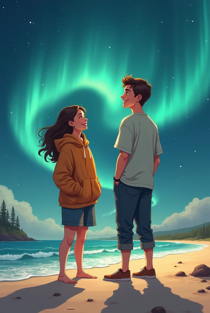 Image of a chubby girl and a skinny boy with specks in the beach side and both of them. Looking at the northern light
Both of them are very happy they look. Age of around the girl 20 and the boy should look 25
