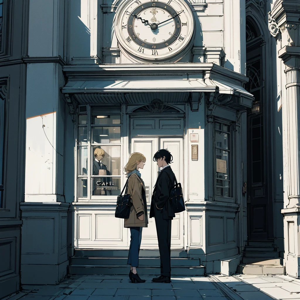 Anime-style illustration of a stylish couple outside a vintage café. The person has black hair and another person has blond hair. Café exterior in muted blue tones with ornate clock design on the window. Warm lighting, urban setting, 1950s retro aesthetic with modern touches. Diverse fashion choices, gender-neutral styling. High-quality digital art, detailed, cinematic lighting.
