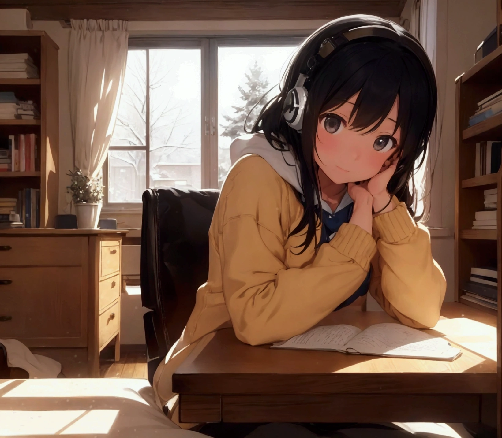 a lo-fi scene featuring a girl studying at her desk. She is wearing headphones and appears focused on her work. The room has a cozy atmosphere, with warm lighting casting a soft glow. Through a large window next to her, you can see snow gently falling outside, covering the landscape in a peaceful blanket. It is nighttime, with the dark sky providing a serene backdrop to the snow. The room is filled with subtle details like books, a cup of tea, and a softly glowing lamp, emphasizing the calm and peaceful vibe of the scene.