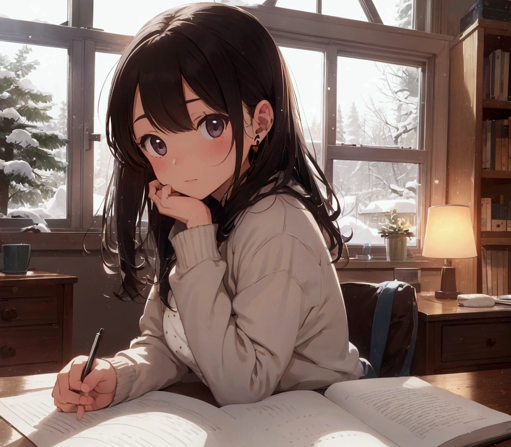 a lo-fi scene featuring a girl studying at her desk. She is wearing headphones and appears focused on her work. The room has a cozy atmosphere, with warm lighting casting a soft glow. Through a large window next to her, you can see snow gently falling outside, covering the landscape in a peaceful blanket. It is nighttime, with the dark sky providing a serene backdrop to the snow. The room is filled with subtle details like books, a cup of tea, and a softly glowing lamp, emphasizing the calm and peaceful vibe of the scene.