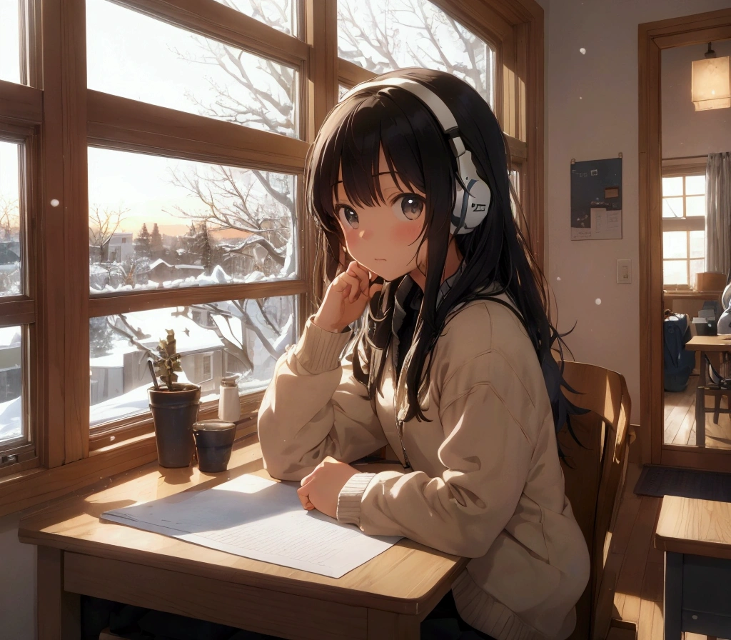 a lo-fi scene featuring a girl studying at her desk. She is wearing headphones and appears focused on her work. The room has a cozy atmosphere, with warm lighting casting a soft glow. Through a large window next to her, you can see snow gently falling outside, covering the landscape in a peaceful blanket. It is nighttime, with the dark sky providing a serene backdrop to the snow. The room is filled with subtle details like books, a cup of tea, and a softly glowing lamp, emphasizing the calm and peaceful vibe of the scene.