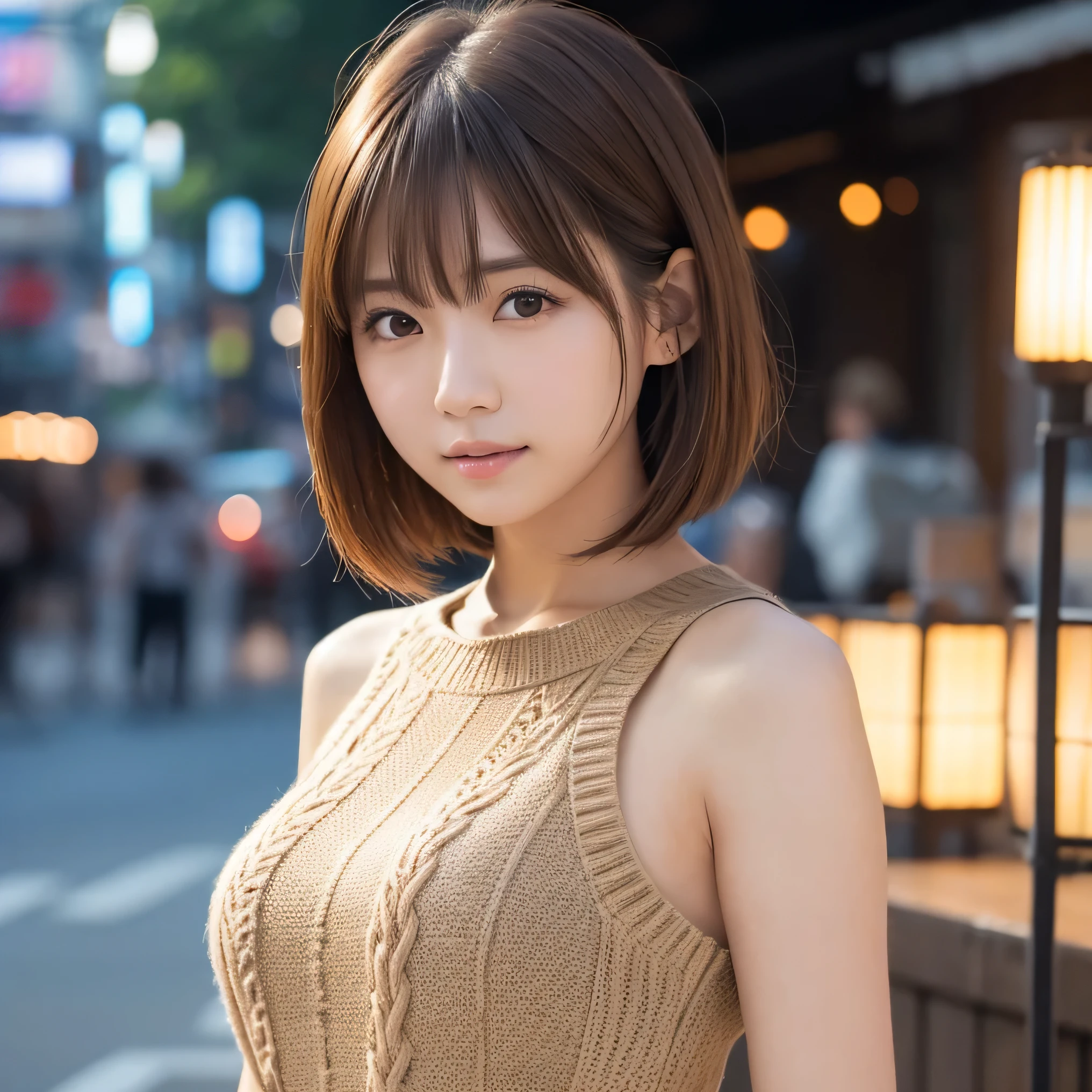 masterpiece, 1 beautiful girl, detailed eye, puffy eyes, top-quality, ultra high resolution, (8K), (reality:1.4), daytime, at street, cinematic lighting, asian beauty, super beauty, beautiful skin, body facing forward, (hyper-realistic), (highly detailed), (beautifully detailed eyes), detailed face, bright lighting, professional lighting, looking at viewer, facing straight ahead, cute knitted dress, light brown hair, bangs, short bob hair, Japanese idol, Korean idol, gravure idol pose, (accurate anatomy:1.1),