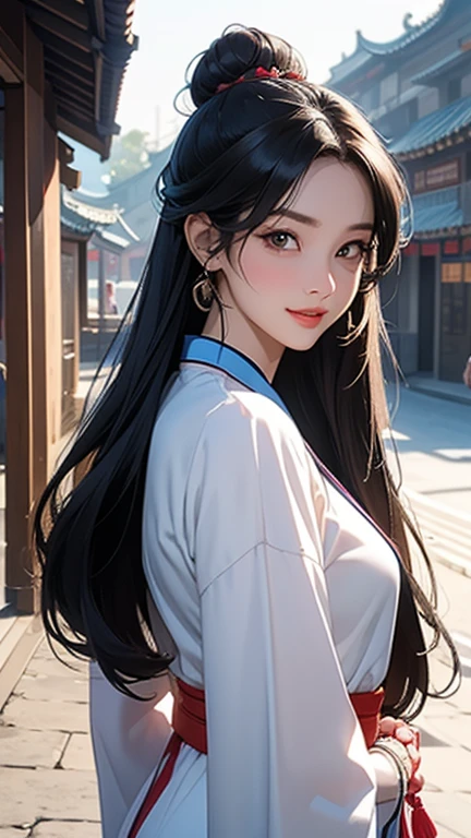 ( High resolution、 Super detailed)、masterpiece、Highest quality、High resolution、8k、Realistic Face、Realistic skin texture、 Amazing clarity、Detailed Anime、15-year-old female、Beautiful Face、Beautiful Face、Pretty lips、Balanced style、Hair styled in a bright-colored round bun、Smiling eyes、Hanfu、Mischievous girl、Walking、look back、Buildings from the Tang Dynasty、Old city streets of China、Cowboy Shot、Detailed Animeアート、Detailed CG、