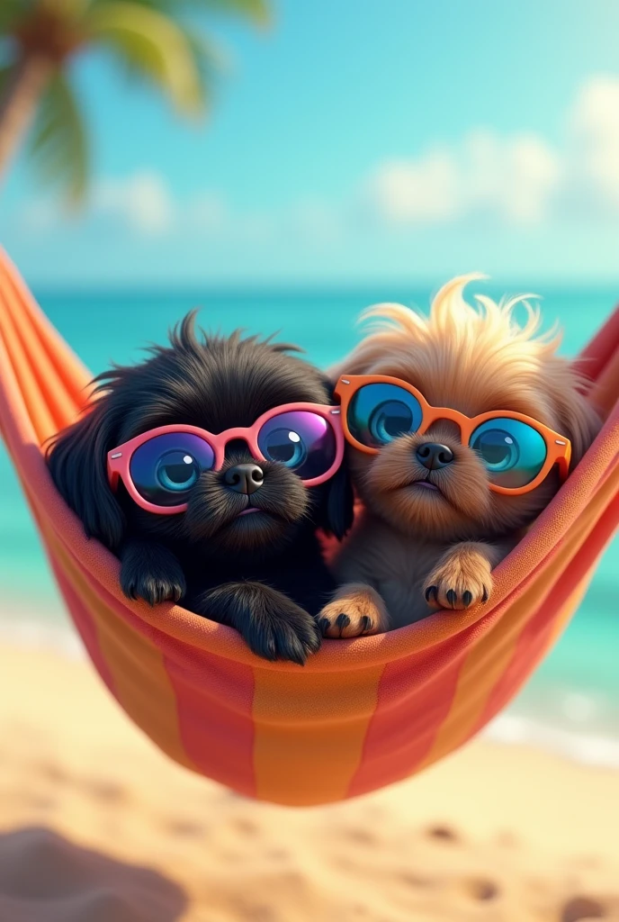cute adorable 2 black shih tzu puppies with big blue eyes wearing sunglasses, sleeping in hammock, cute blonde girl, extremely detailed, big blue eyes, wearing colorful sun glasses, sleeping in hammock, 3D Pixar style, at beach, photorealistic, (best quality,8k,highres,masterpiece:1.2),ultra-detailed,(realistic:1.37),HDR,vivid colors,studio lighting