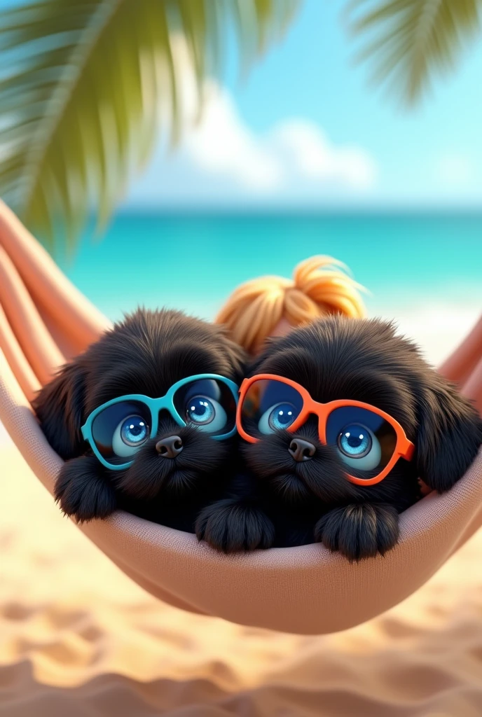 cute adorable 2 black shih tzu puppies with big blue eyes wearing sunglasses, sleeping in hammock, cute blonde girl, extremely detailed, big blue eyes, wearing colorful sun glasses, sleeping in hammock, 3D Pixar style, at beach, photorealistic, (best quality,8k,highres,masterpiece:1.2),ultra-detailed,(realistic:1.37),HDR,vivid colors,studio lighting
