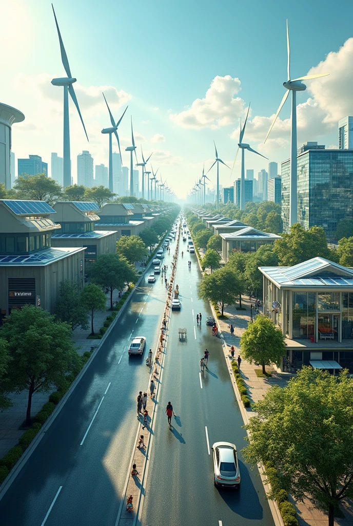 Creat art representing indias energy independent tomorrow . Hitech roads,building's, rooftop solar,ground mounting solar,wind turbine, highlights green energy generation plant in art like solar plate ,wind turbine, green hydrogen etc
