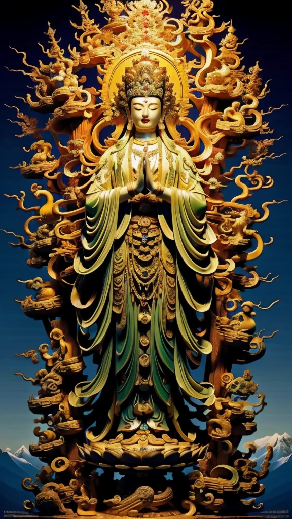  statue of guan yin made of jade and jewelry, crystal clear and shinning, beautyfull  face, multiple hands holding some treasure weapons , detailed hands,  floating red ruby lotus , full body, masterpieces, super detail, epic composition, ultra HD, high quality, extremely detailed, official art, unified 8k wallpaper, Super detail, Professional studio lightning, 