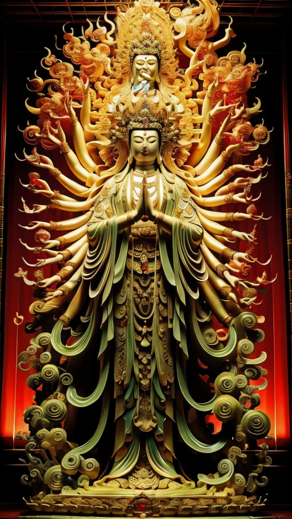  statue of guan yin made of jade and jewelry, crystal clear and shinning, beautyfull  face, multiple hands holding some treasure weapons , detailed hands,  floating red ruby lotus , full body, masterpieces, super detail, epic composition, ultra HD, high quality, extremely detailed, official art, unified 8k wallpaper, Super detail, Professional studio lightning, 