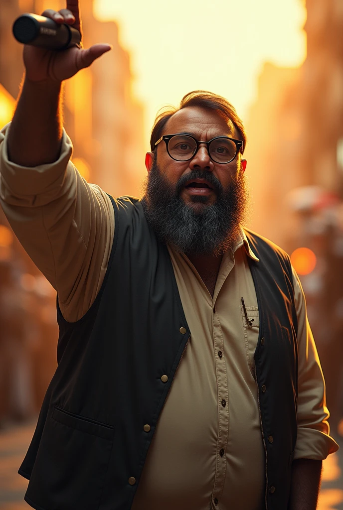 a india man reporter. With beard long beard. Wear big glasses. Very fat. Age 35, wearing a vest, muscular build, one hand raised up at viewers, holding a microphone, dramatic expression, photorealistic, ultra-detailed, 8k, best quality, masterpiece, cinematic lighting, golden hour, vibrant colors, intricate details