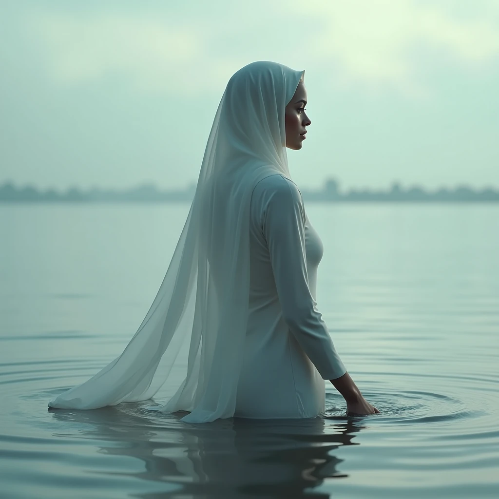 A bald woman use transparent hijab from back in wet, make it from back