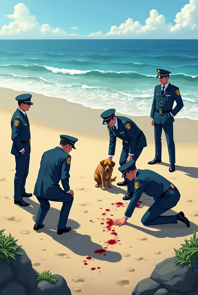 The police go to the sea and see the dog cover blood