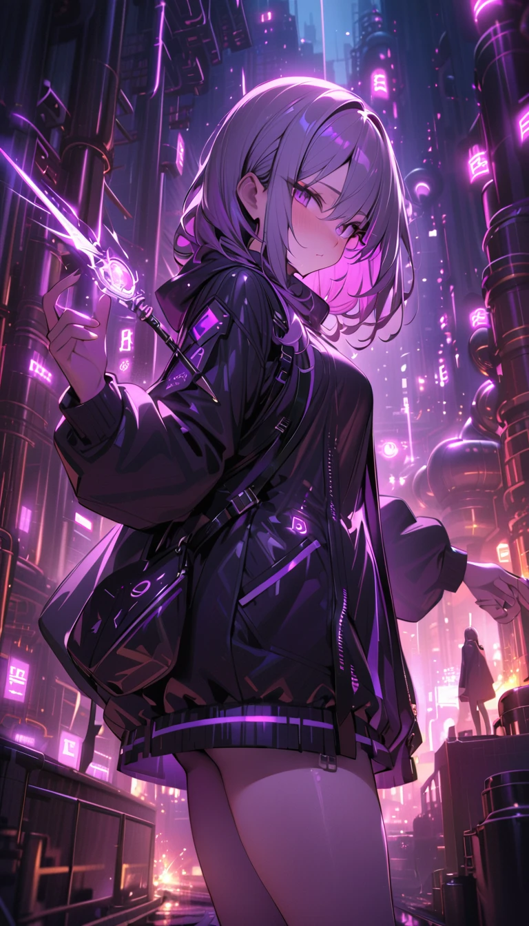 ((best quality)) , ((masterpiece)) , (detailed),A wizard holds a wand,Purple light radiates,Oil refinery