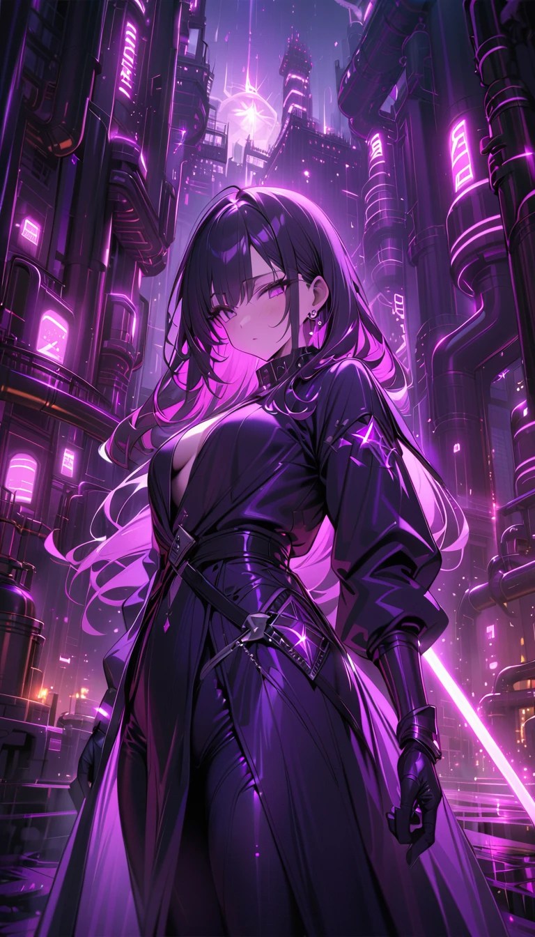 ((best quality)) , ((masterpiece)) , (detailed),A wizard holds a wand,Purple light radiates,Oil refinery