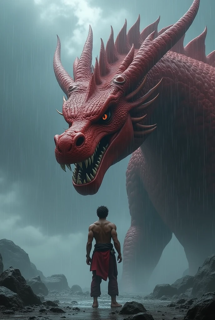 ai boy standing (boy should somewhere arround 18year old )with a red Agressive dragon(dragon should be dangerous) in a super cloudy wheather while raining super realistic