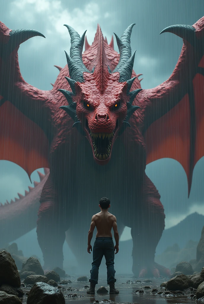 ai boy standing (boy should somewhere arround 18year old )with a red Agressive dragon(dragon should be dangerous) in a super cloudy wheather while raining super realistic