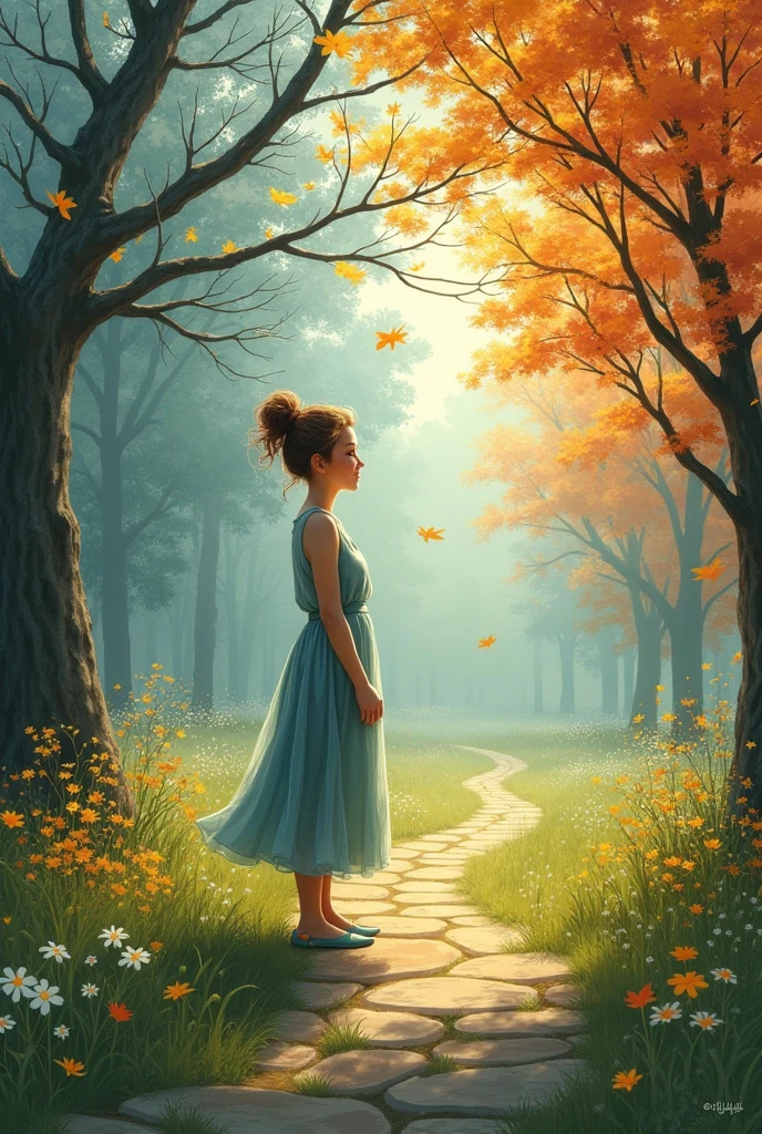"As the last leaf fell, Emma welcomed winter's peaceful silence. But as days lengthened, Emma eagerly awaited spring's vibrant colors. She planted seeds, and soon, blooms burst forth. Summer sunshine warmed her skin, and Emma laughed with children playing in the sprinklers. As autumn returned, Emma savored the cozy atmosphere, knowing each season brought its own beauty and wonder."