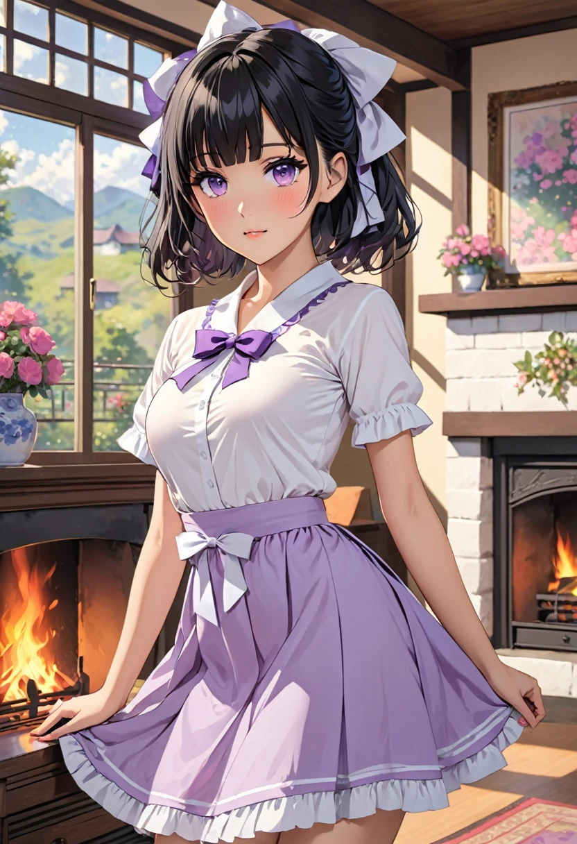 an anime girl wearing dress posing in living room near windows with fireplace, 1girl, looking at viewer, solo, bow, indoors, hair bow, shirt, bangs, black hair, short sleeves, blush, purple eyes, breasts, skirt