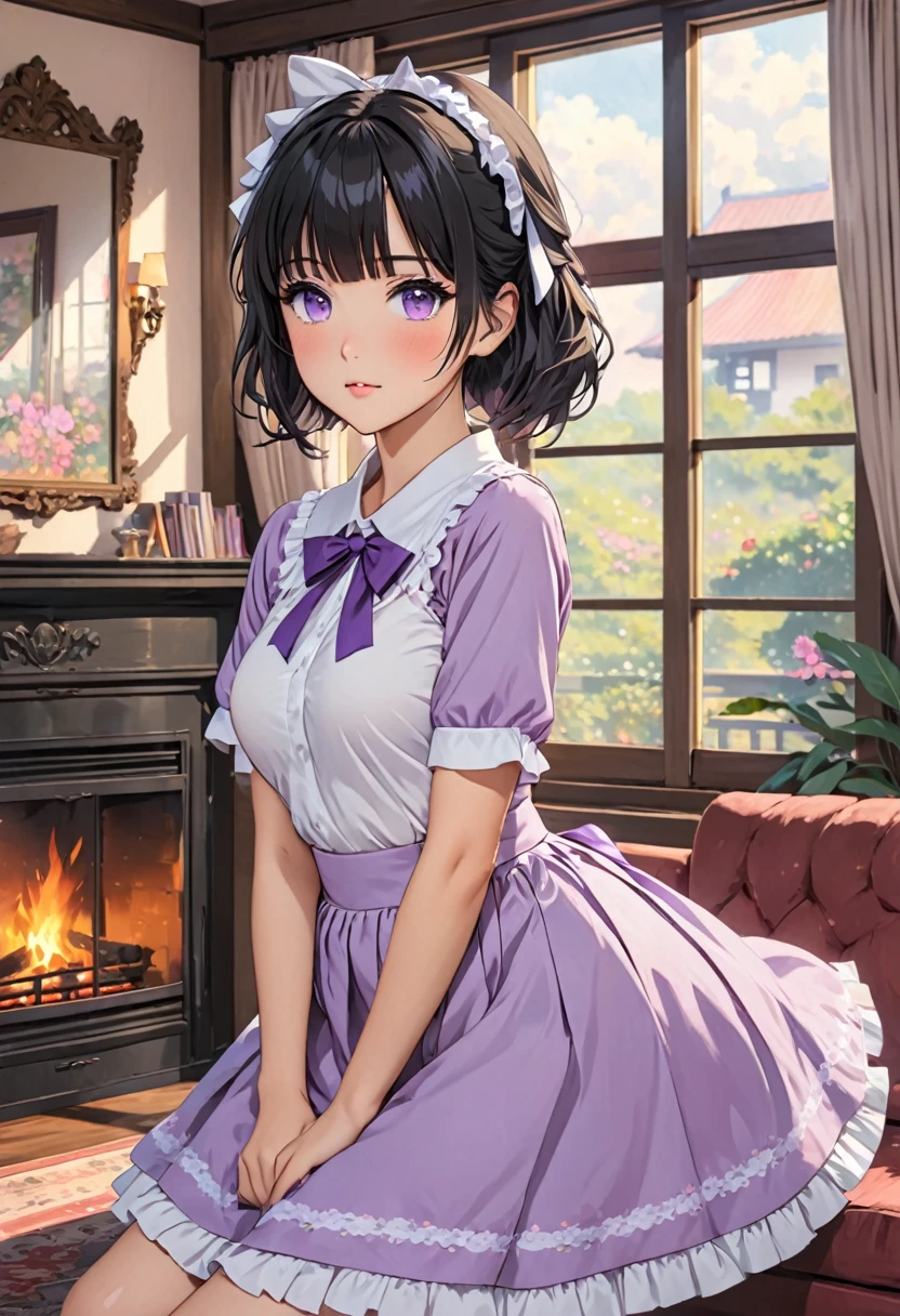 an anime girl wearing dress posing in living room near windows with fireplace, 1girl, looking at viewer, solo, bow, indoors, hair bow, shirt, bangs, black hair, short sleeves, blush, purple eyes, breasts, skirt