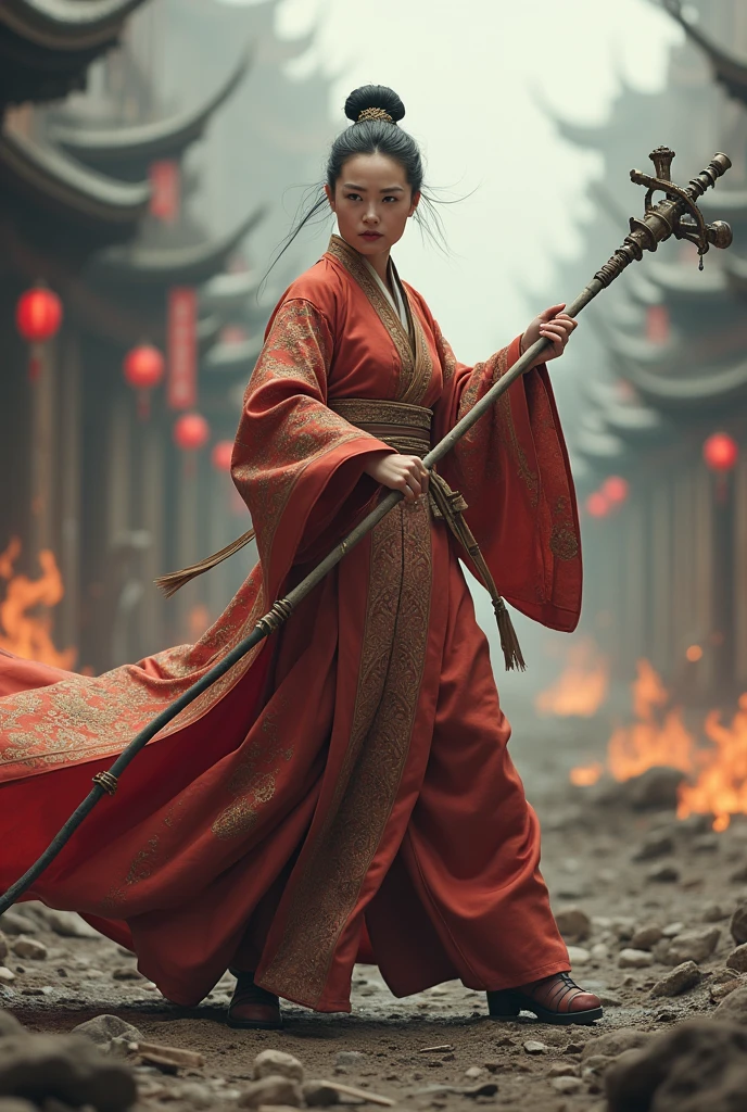 60 years old，Beautiful woman，Ming Dynasty，Faucet crutches，Will martial arts， War